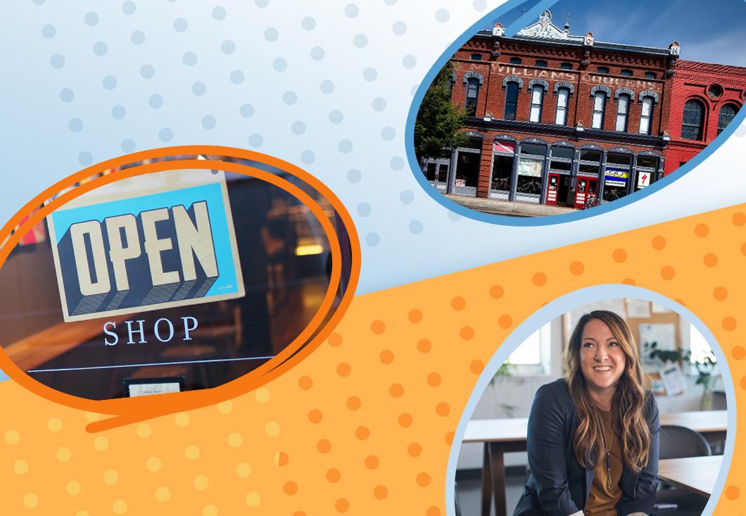 Three images, one of storefronts, another of an open shop sign, and a photo of a woman smiling 